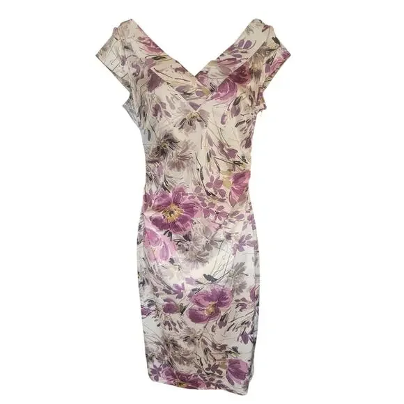 Maggy London Floral Dress Sheen Purple White Ruched Waist Sz 6 - Picture 2 of 9